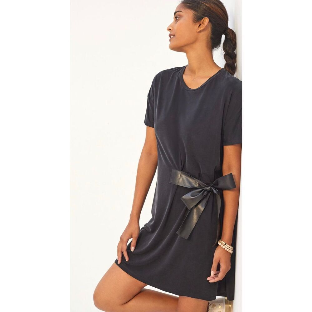 Anthropologie Black Satin-Bow Maxi T-Shirt Dress
